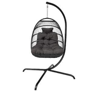 Indoor Outdoor Wicker Rattan Patio Hanging Chair, Swing Egg Chair with C Type Bracket and Black Cushions