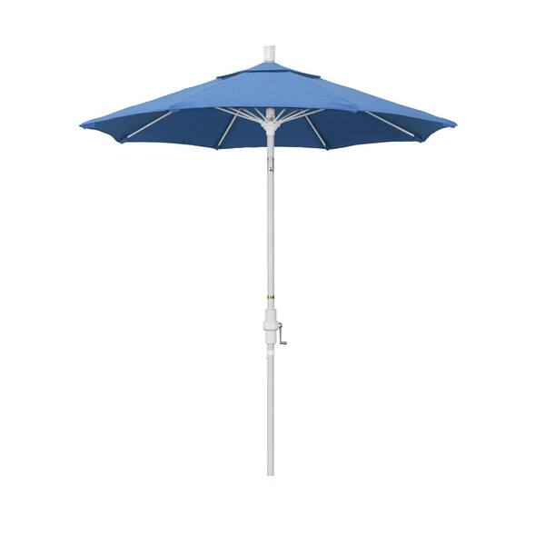California Umbrella 7.5 ft. Matted White Aluminum Market Collar Tilt Patio Umbrella Fiberglass Ribs and in Frost Blue Olefin