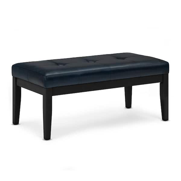 Simpli Home Lacey 41 in. Wide Contemporary Rectangle Tufted Ottoman Bench in Distressed Dark Blue Vegan Faux Leather, Assembled