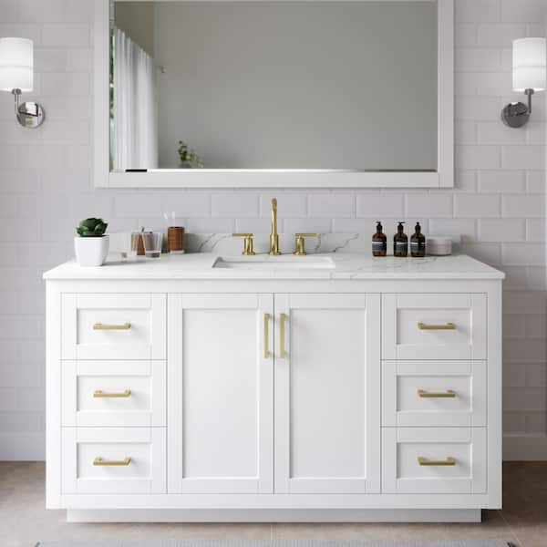 Wyndham Collection Miranda 60 in. W x 22 in. D x 33.75 in. H Single Bath Vanity in White with Giotto Quartz Top and 58 in. Mirror