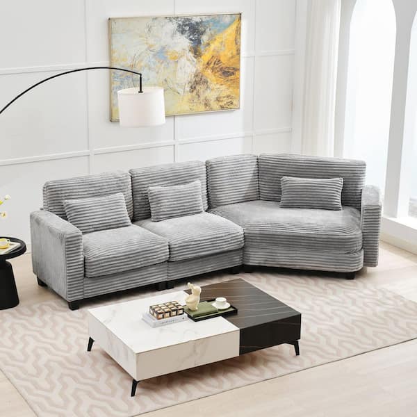 123 in. Curved  Seater for 3 Corduroy Sectional Sofa in Grey
