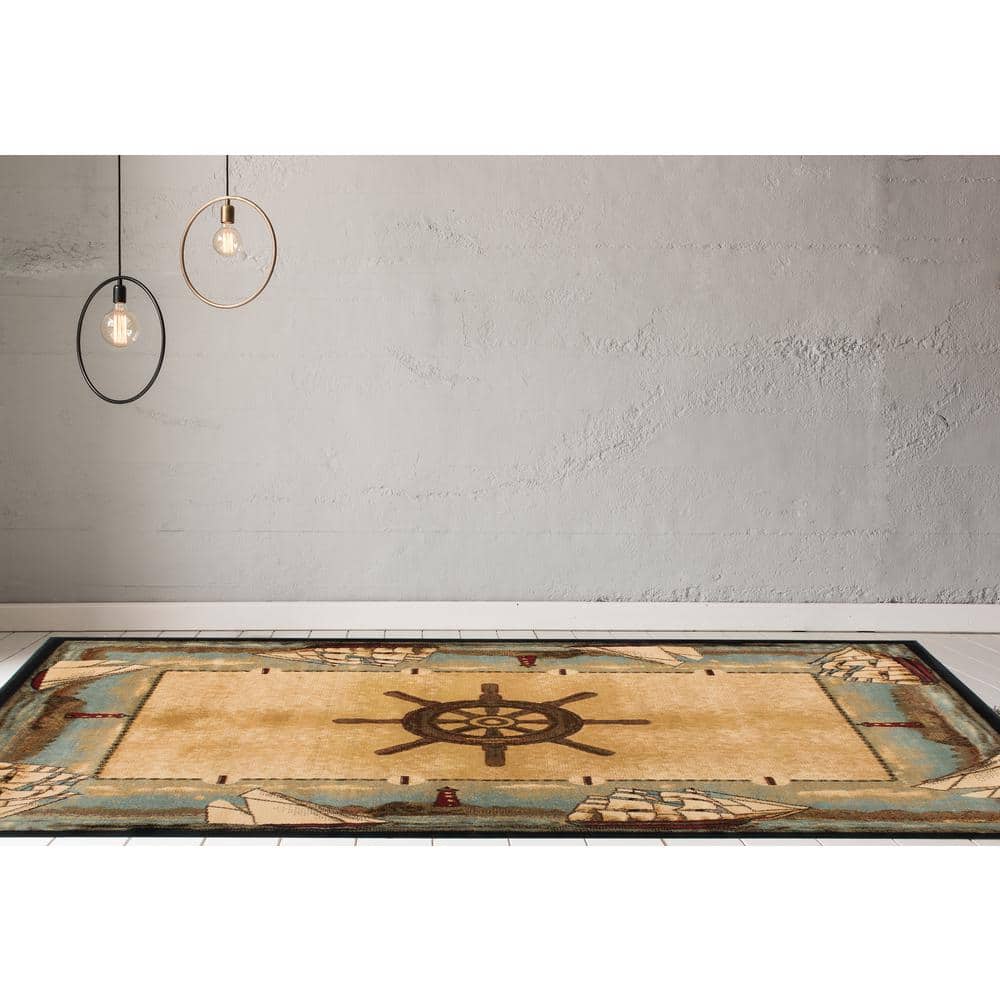 Blue and Beige Nautical Rectangular Polypropylene Area Rug