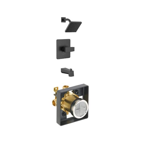 Modern Matte Black Wall Mount Tub and Shower Trim Kit (Valve Not Included) with Universal Valve Body Rough-In Kit