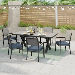 Orville Gray 7-Piece Aluminum Outdoor Dining Set with Navy Blue Cushions