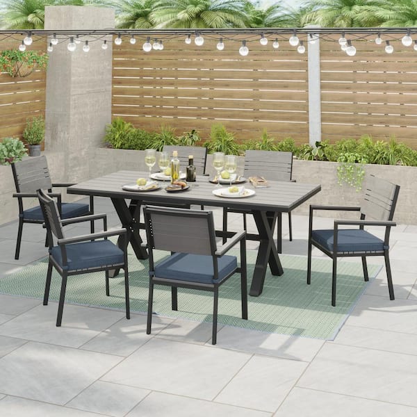 CORVUS Orville Gray 7-Piece Aluminum Outdoor Dining Set with Navy Blue Cushions