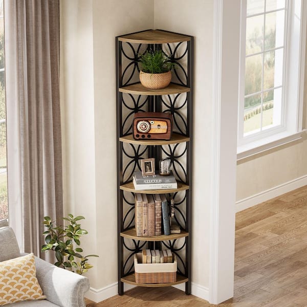 Eulas 70. 9 in. Tall Brown and Black Industrial MDF Corner Accent Bookcase with 5 Open Shelves and Art Deco Metal Frame