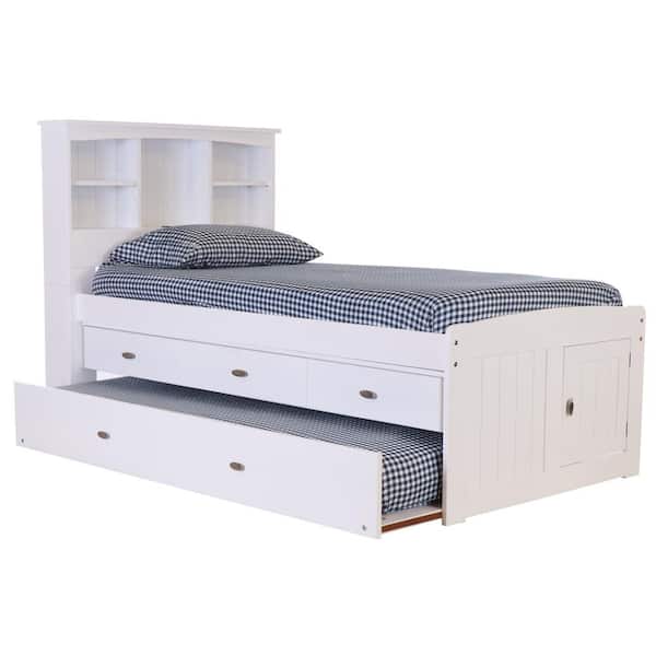 OS Home and Office Furniture Mission White Casual White Twin Sized Captains Bookcase Bed with 3-Drawers and a Twin Trundle
