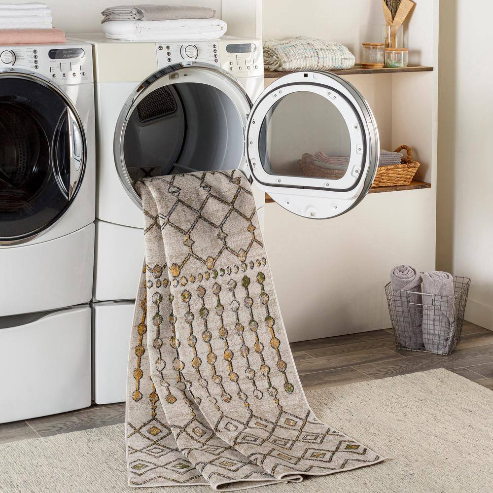 Global-Inspired Beige and Gray Washable Synthetic Area Rug, 5' x 7'