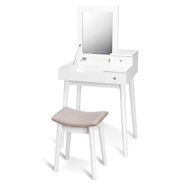 Costway 2-Piece White Living Room Set Vanity Dressing Table Set Flip Mirror Desk Furniture Stool with 2-Drawer