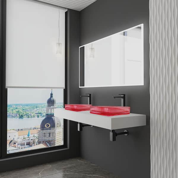 60 in. Wall Mounted Bathroom Countertop Shelf in White Solid Surface with 2 Pink Square Glass Vessel Sink