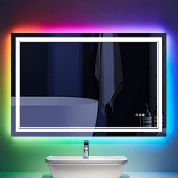 48 in. W x 32 in. H Rectangular Frameless LED Anti Fog Backlit and Front Lighted Wall Bathroom Vanity Mirror in RGB