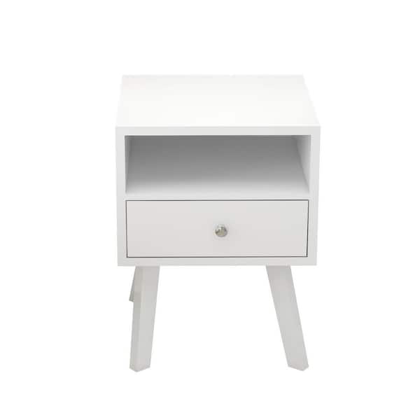 URTR Classic and Vintage 15 in. White 1-Drawer Side Table with 1 Open Shelf Sofa Wood End Table for Bedroom, Living Room