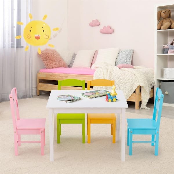 Kids 5-Piece Wood Top multi-colored White Table and Chair Set Children Activity Playroom Furniture Gift