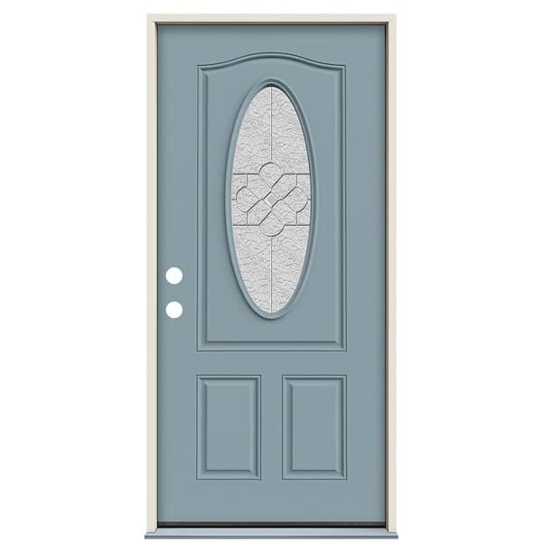 36 in. x 80 in. Right-Hand/Inswing 3/4-Oval Brevard Decorative Glass Light Blue Painted Steel Prehung Front Door