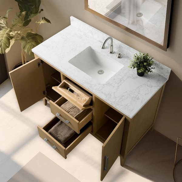 Vanity Art 48 in. W x 22 in. D x 34 in. H Single Sink Bathroom Vanity Cabinet in Natural Oak with Engineered Marble Top
