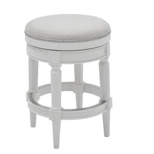 Chapman Farmhouse White Wood 25 in. Counter-Height Backless Swivel Bar Stool with Grey Upholstered Seat, One Stool