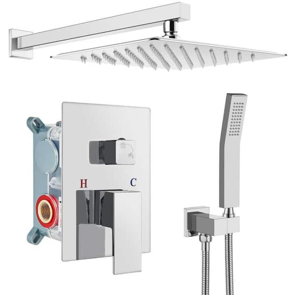 1-Spray Shower Faucet 1. 8 GPM Square High Pressure Wall Bar Shower System with Valve and Hand in Polished Chrome