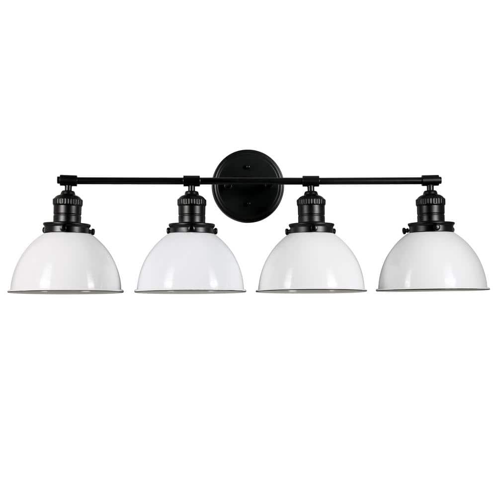 Savannah Farmhouse 34.25 in. W 4-Light Matte Black Indoor Bathroom Vanity Light with White Metal Shades price history on PriceWatchPro