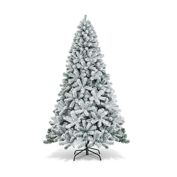 7.5 ft. Pre-Lit Artificial Snow Flocked Hinged Christmas Tree with Metal Stand