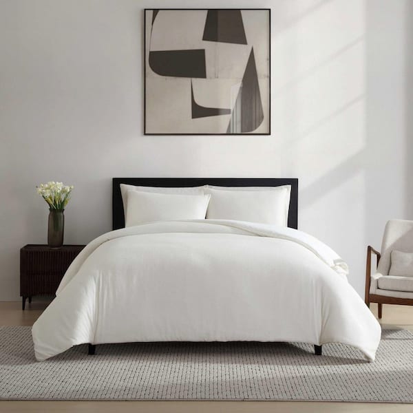 Threaded Basketweave 3-Piece White Cotton Queen Comforter Set