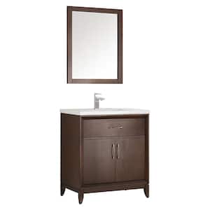 Cambridge 30 in. Vanity in Antique Coffee with Porcelain Vanity Top in White with White Ceramic Basin and Mirror