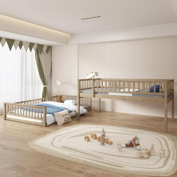 Walnut Full XL Over Queen Bunk Bed with Ladder and Guardrails