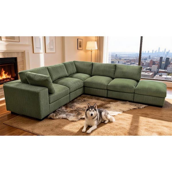 Liam Modern 122 in. Square Arm 6-Piece Corduroy Modular Sectional Sofa in Dark Green with Ottoman, Reversible