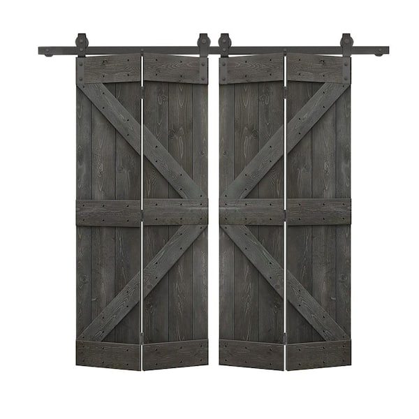 72 in. x 84 in. K Series Solid Core Carbon Gray Stained DIY Wood Double Bi-Fold Barn Doors with Sliding Hardware Kit