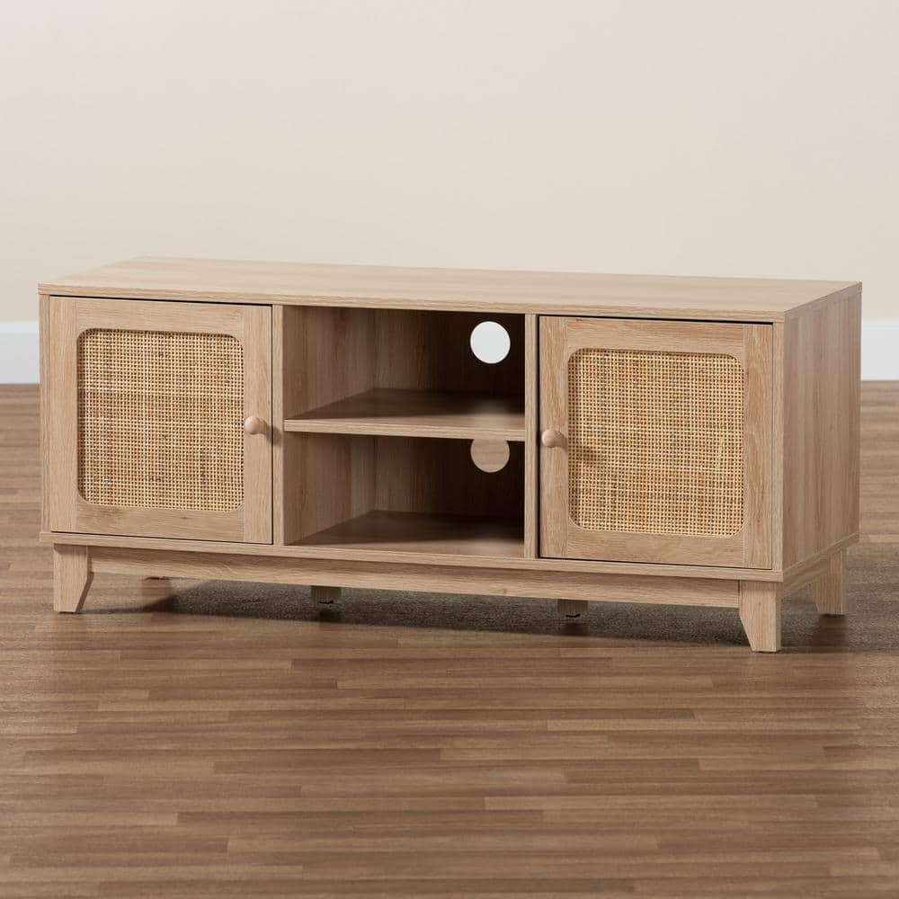 Elsbeth Light Brown Wood and Natural Rattan TV Stand with Cabinet