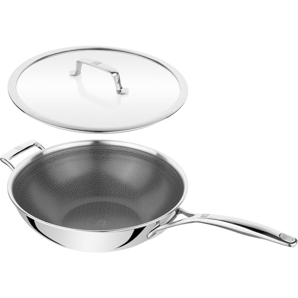Peak 12 in. Stainless Steel Ceramic Nonstick Dual Performance Wok w Lid, Electric Smooth top, Gas, Induction Compatible