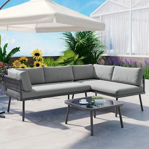 Modern 3-Piece Metal Outdoor Sectional Set with Glass Table, Rattan L-Shaped Sofa Furniture Set, Gray Cushions