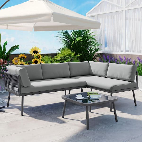 Unbranded Modern 3-Piece Metal Outdoor Sectional Set with Glass Table, Rattan L-Shaped Sofa Furniture Set, Gray Cushions