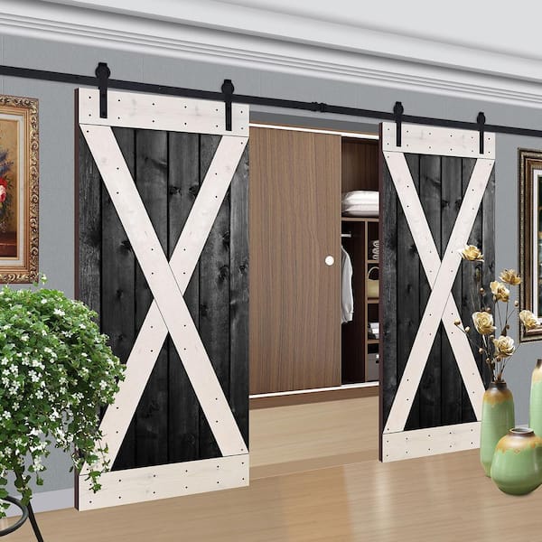 Akicon 76 In X 84 In 12 Panel Contrast Black White Color Dx Series Paneled Wood Double Barn Door With Hardware Kit Bw Color Ak Bw Dx 76 The Home Depot