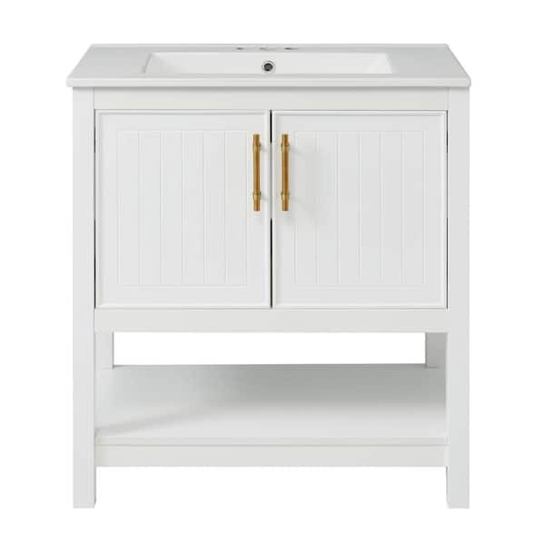 Lycvki 30 in. W Freestanding Bath Vanity in White with White Ceramic Top and Versatile Storage