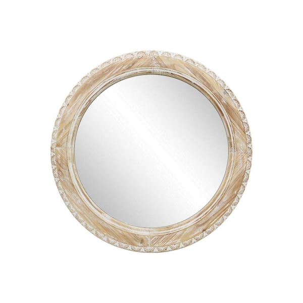PARISLOFT 29.5 in. W x 29.5 in. H Round Natural Wood and White Framed Wall Mirror