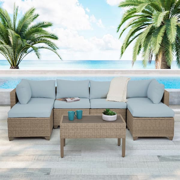 TK CLASSICS Maui 7-Piece Wicker Patio Conversation Set with Sky Blue Cushions