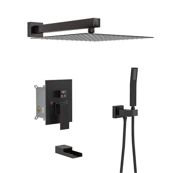 3-Spray 12 in. Dual Rainfall Shower Head and Handheld Shower Head in Oil Rubbed Bronze with Tub Filler