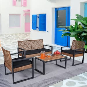 Patio Furniture Set for 4, Rattan Outdoor Conversation Set with Wood Table, Brown PE Wicker Porch Sofa Set with Cushions