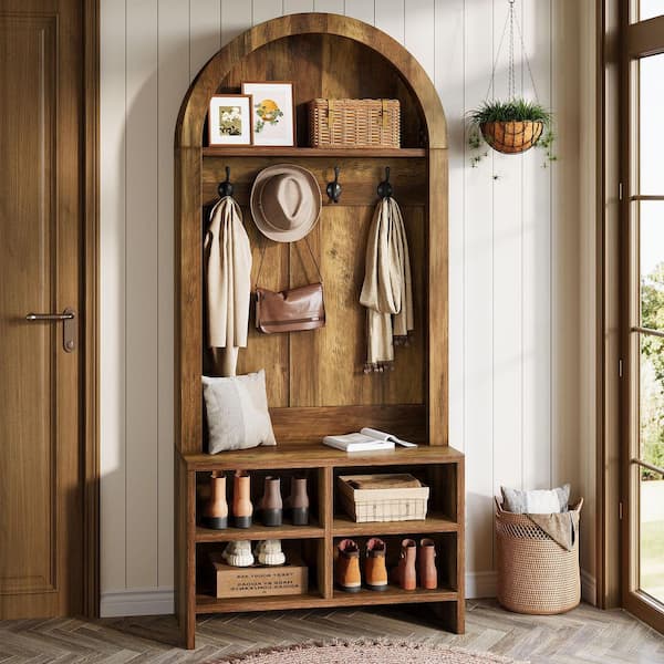 Carmalita Brown 70.9 in. Tall Arched Hall Tree Coat Rack with Entryway Bench, Shoe Storage, 5 Hooks, Mudroom, Entryway