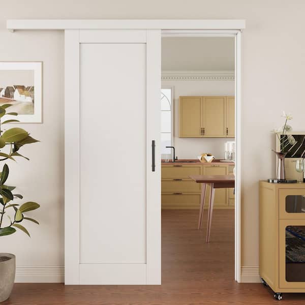 30 in. x 80 in. 1 Panel White Primed DIY Painting MDF Sliding Barn Door with Hardware Kit and Soft Close (Hidden Track)