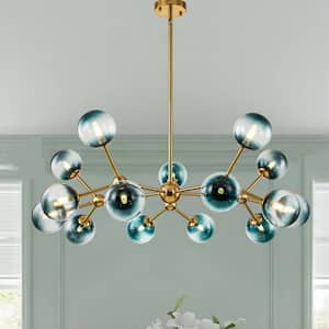 Antonelli 15-Light Brass Sputnik Atomic Chandelier Cluster Blue Glass Bubble Pendant Light for Living/Dining Room