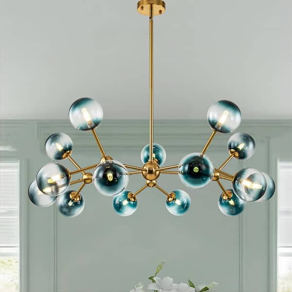RRTYO Antonelli 15-Light Brass Sputnik Atomic Chandelier Cluster Blue Glass Bubble Pendant Light for Living/Dining Room