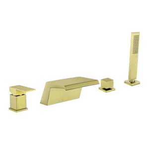 Single-Handle Deck-Mount Roman Tub Faucet with Sprayer Waterfall Tub Filler with Hand Shower in Brushed Gold