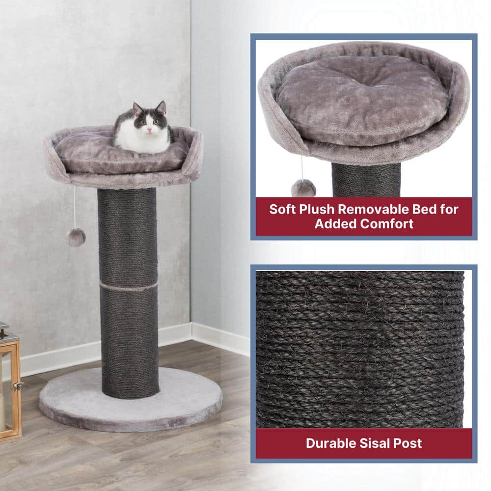 Gray Sisal 35" Cat Scratching Post with Plush Bed and Toy