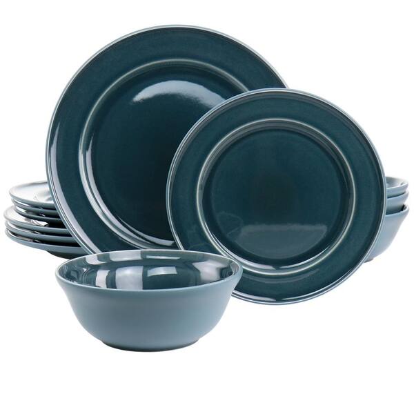 MARTHA STEWART Portillo 12-Piece Dark Blue Round Stoneware Dinnerware Set