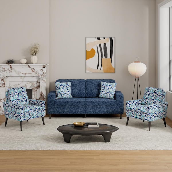 Handy Living Wilmington Mid-Century Modern 3-Piece Navy Blue Chenille and Cobalt Blue Damask Fabric Small Space Living Room Set