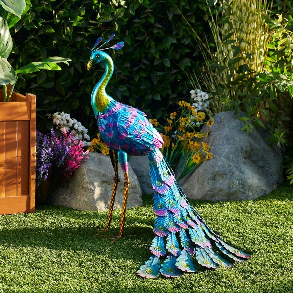 Multicolored 27" Metal Peacock Garden Statue