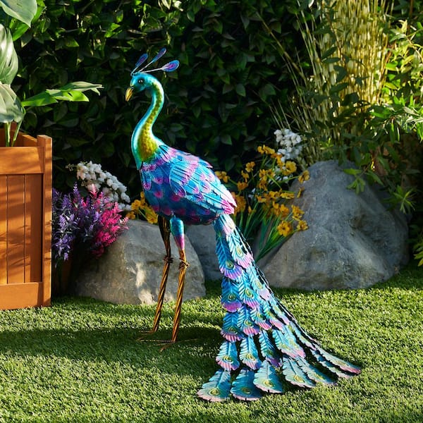 28 in. Tall Outdoor Metallic Peacock Standing Yard Statue Decoration, Multicolor