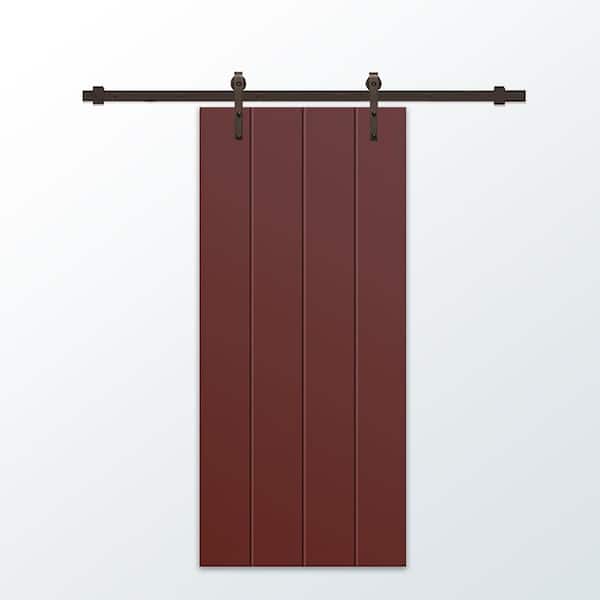 CALHOME 30 in. x 80 in. Maroon Painted Composite MDF Paneled Interior Sliding Barn Door with Hardware Kit