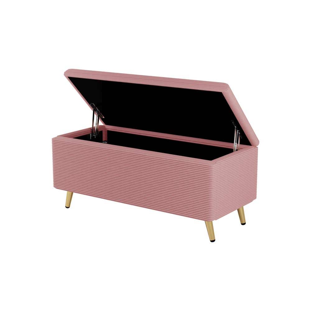 Pink 38 in. Corduroy Upholstered Bedroom Bench with Metal Legs, Modern Stor